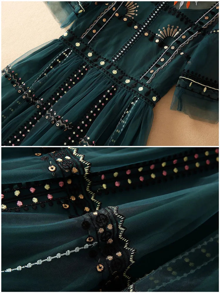 Runway Green Mesh Embroidery Dress