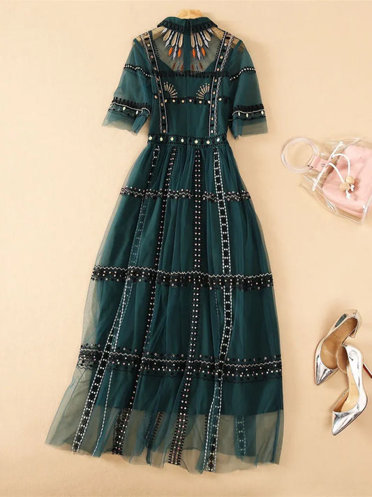 Runway Green Mesh Embroidery Dress