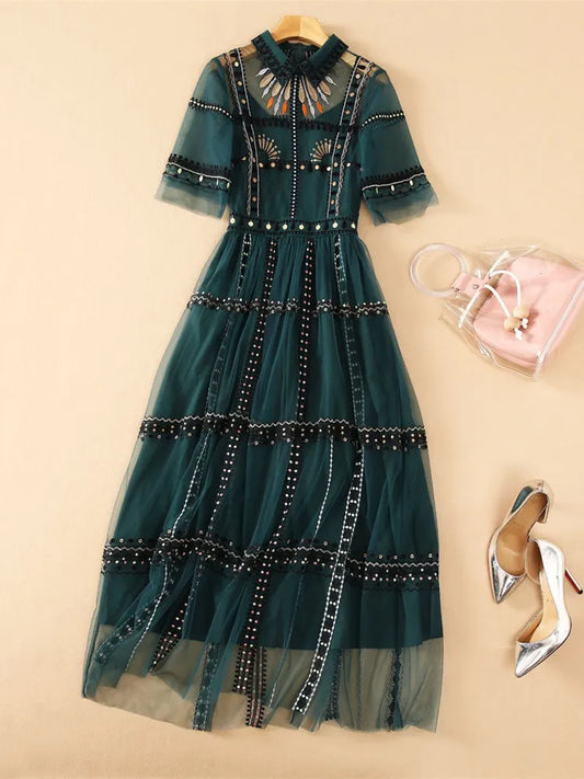 Runway Green Mesh Embroidery Dress